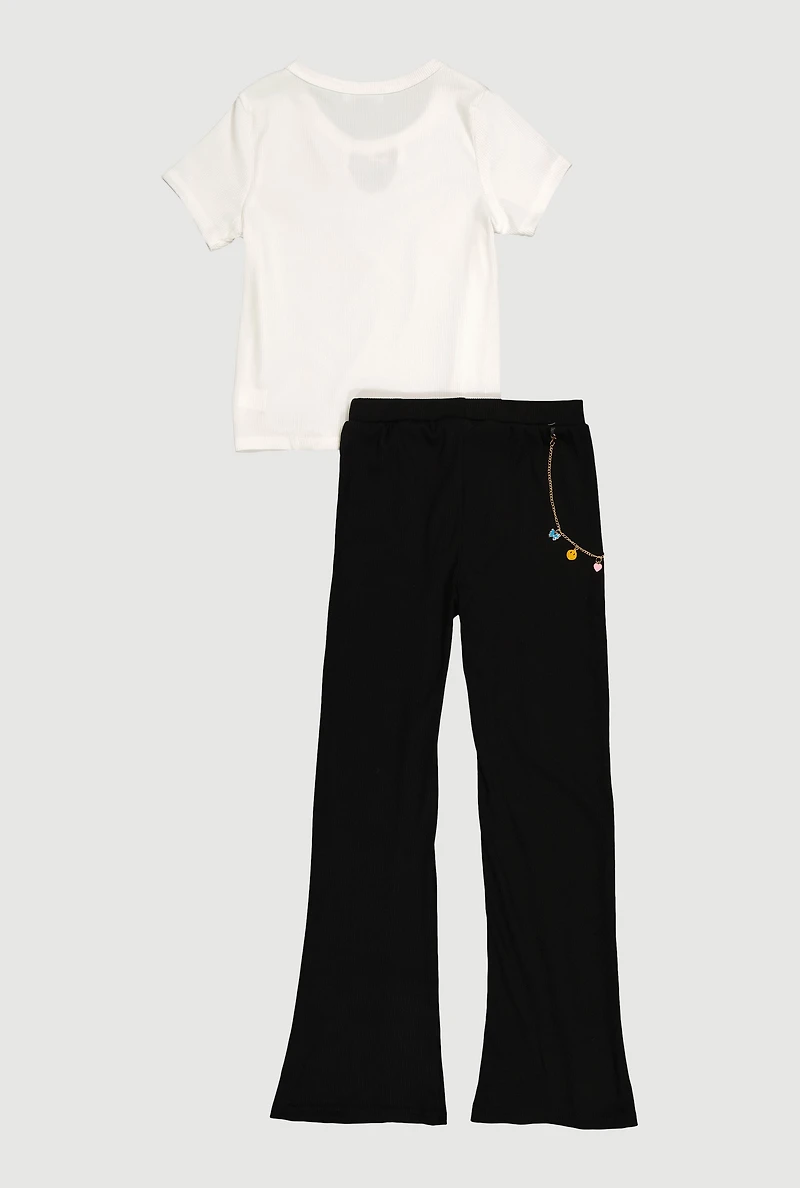 Girls Charm Detail Short Sleeve Top and Pants Set