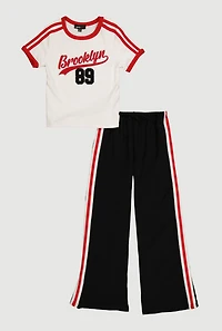 Girls Brooklyn 89 Graphic Tee and Side Stripe Flare Pants Set