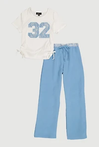 Girls 32 Graphic Ruched Side Tee and Pants Set