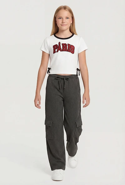 Girls Chenille Paris Patch Graphic Tee and Cargo Pants Set