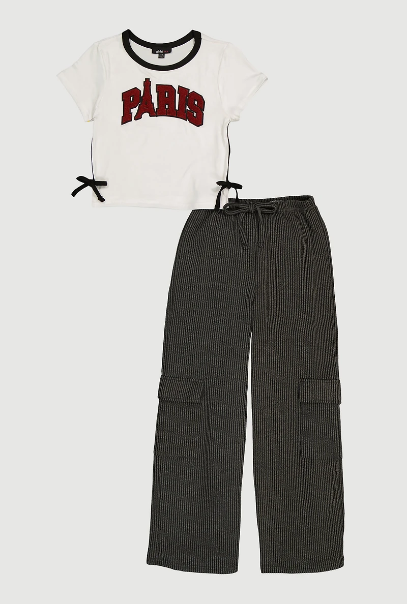 Girls Chenille Paris Patch Graphic Tee and Cargo Pants Set