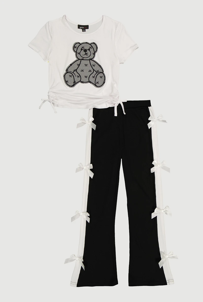 Girls Bear Patch Ruched Graphic Tee and Side Bow Pants