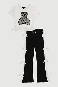 Girls Bear Patch Ruched Graphic Tee and Side Bow Pants