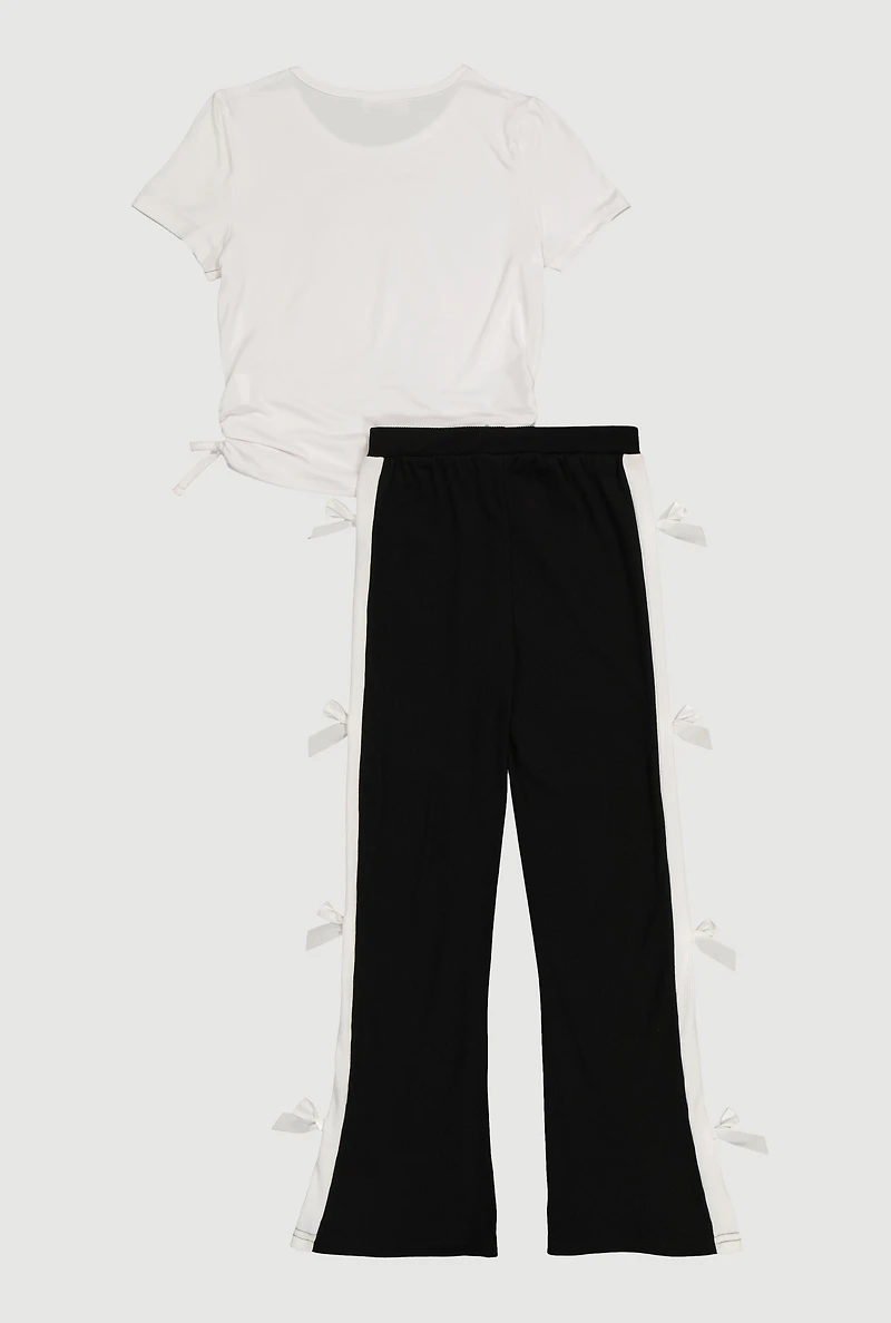 Girls Bear Patch Ruched Graphic Tee and Side Bow Pants