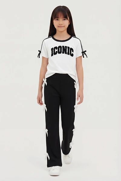 Girls Iconic Chenille Graphic Patch Tee and Side Bow Pants