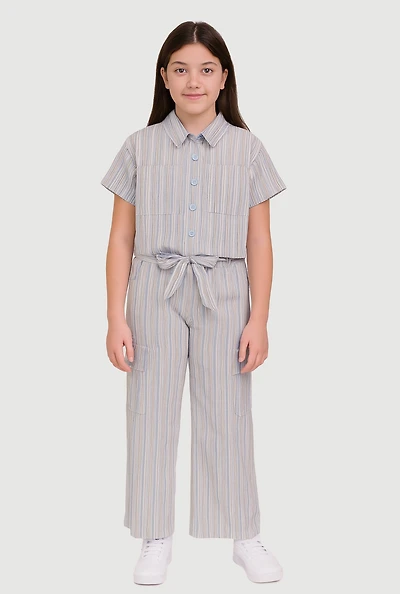 Girls Striped Shirt and Cargo Pants, Blue, Size 7-8