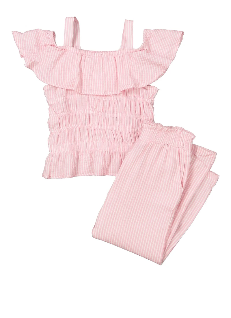 Girls Striped Cold Shoulder Smocked Top and Pants