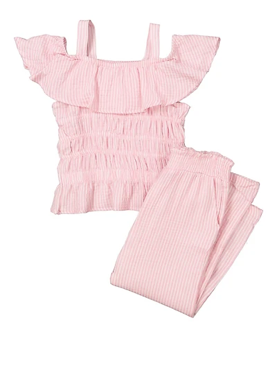 Girls Striped Cold Shoulder Smocked Top and Pants