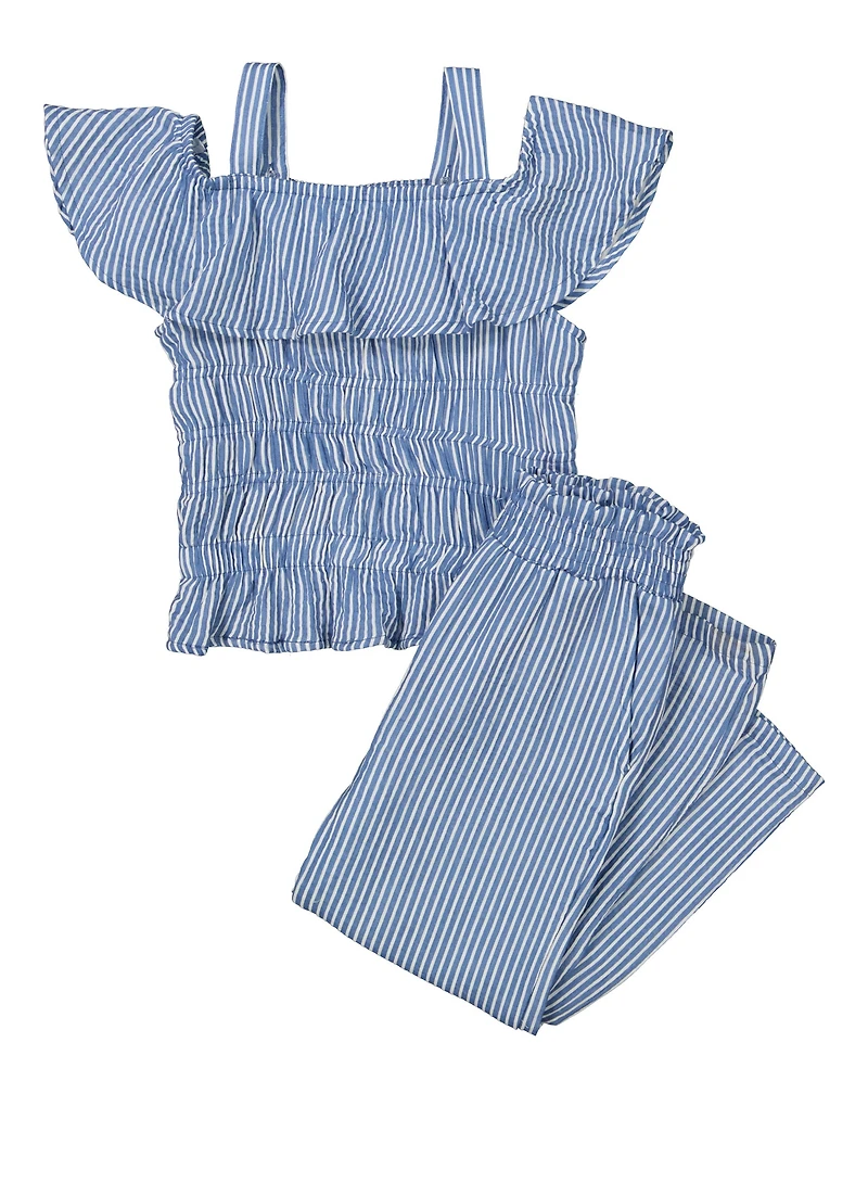 Girls Striped Cold Shoulder Smocked Top and Pants