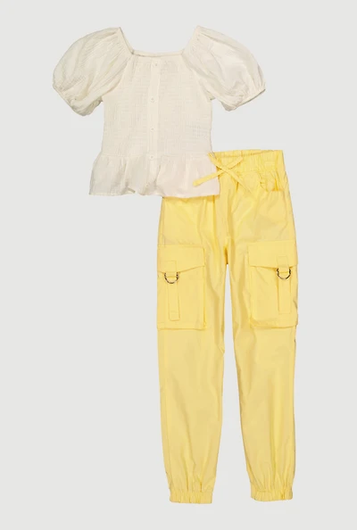 Girls Puff Sleeve Peasant Top and Cargo Joggers