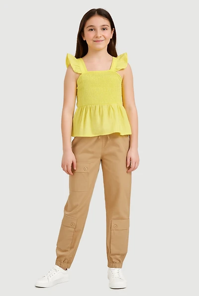 Girls Smocked Peplum Top and Cargo Joggers, Multi, Size 10-12