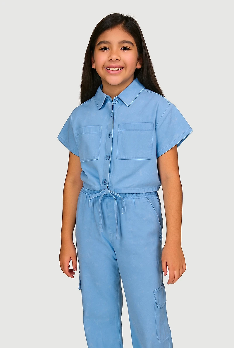 Girls Button Front Shirt and Cargo Pants