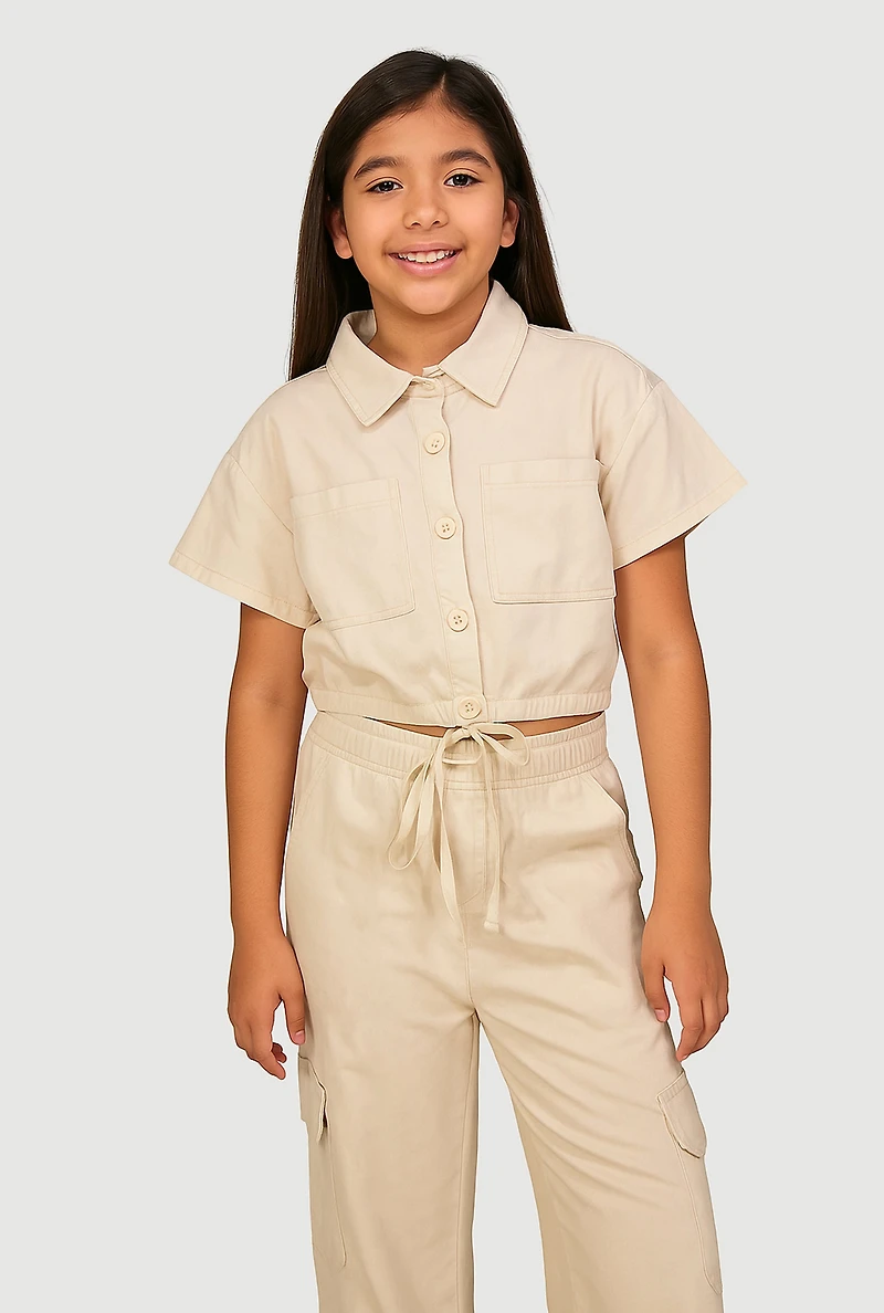 Girls Button Front Shirt and Cargo Pants
