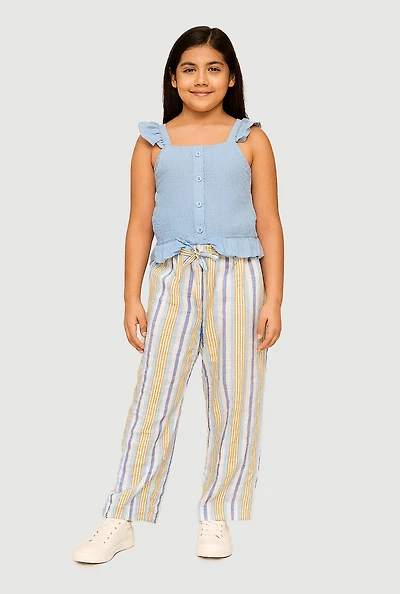 Girls Sleeveless Smocked Peplum Top and Palazzo Pants, Blue, Size 10-12