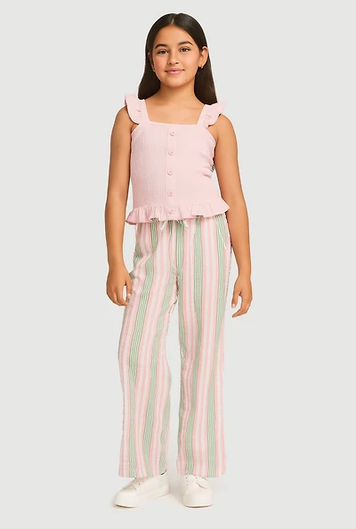 Girls Sleeveless Smocked Peplum Top and Palazzo Pants, Pink, Size 7-8