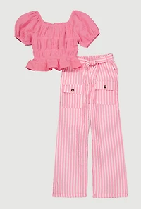 Girls Puff Sleeve Peasant Top and Striped Pants