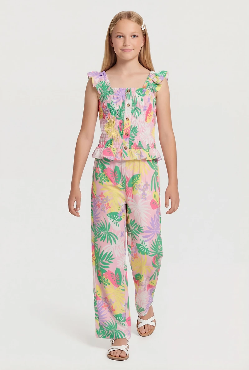 Girls Tropical Leaf Print Smocked Top and Pants Set