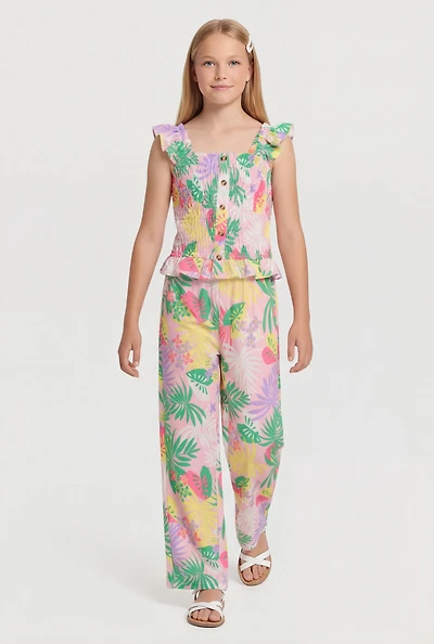 Girls Tropical Leaf Print Smocked Top and Pants Set