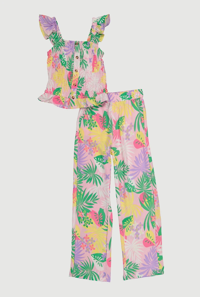 Girls Tropical Leaf Print Smocked Top and Pants Set