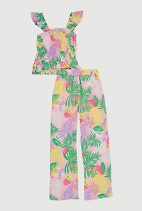 Girls Tropical Leaf Print Smocked Top and Pants Set