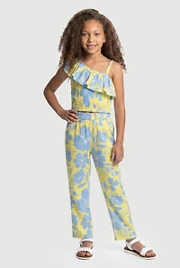 Girls Floral Ruffle Trim Smocked Top and Casual Pants