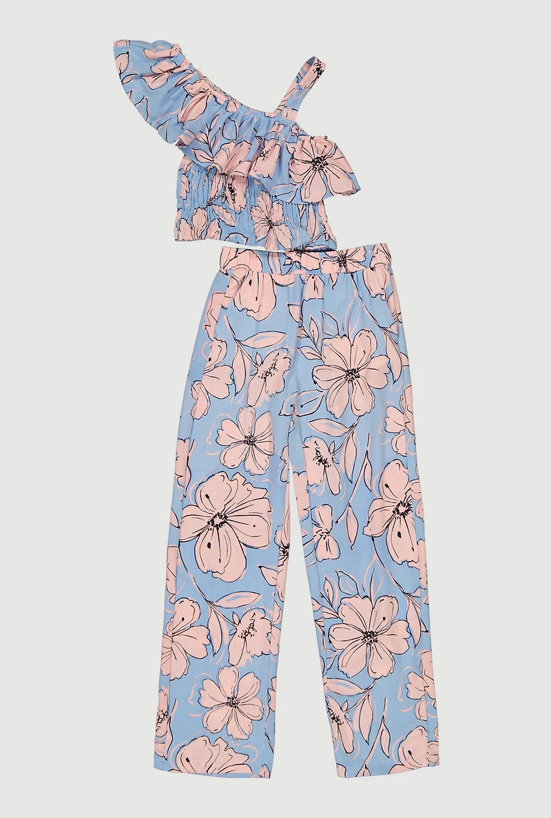 Girls Floral Ruffle Trim Smocked Top and Casual Pants