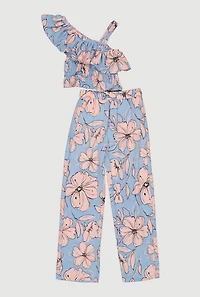 Girls Floral Ruffle Trim Smocked Top and Casual Pants