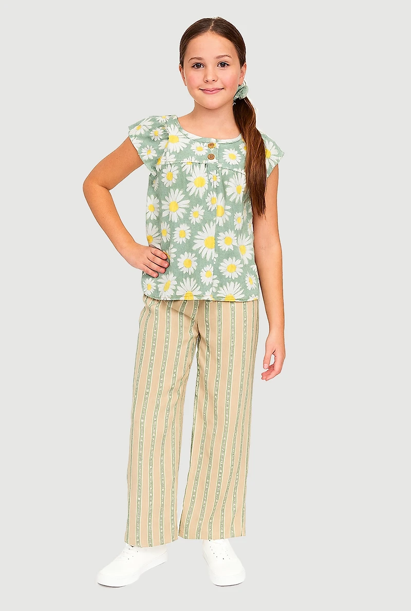 Girls Daisy Print Blouse and Striped Pants, Multi, Size 7-8