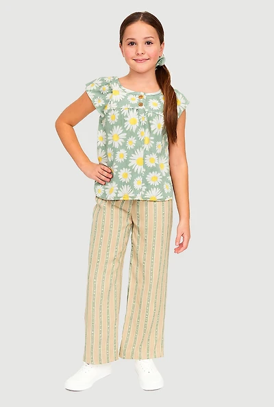 Girls Daisy Print Blouse and Striped Pants, Multi, Size 7-8