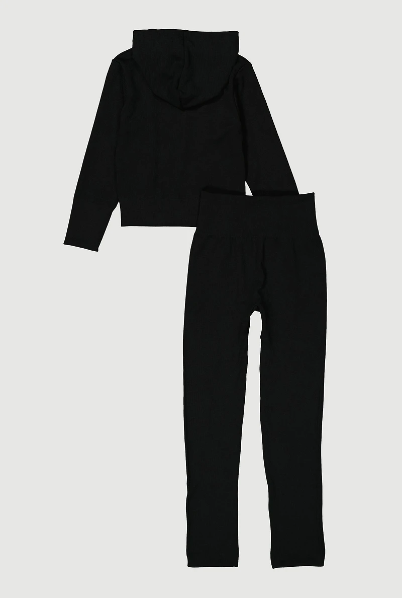 Girls Ribbed Knit Zip Front Hoodie and Leggings, Black, Size 10-12