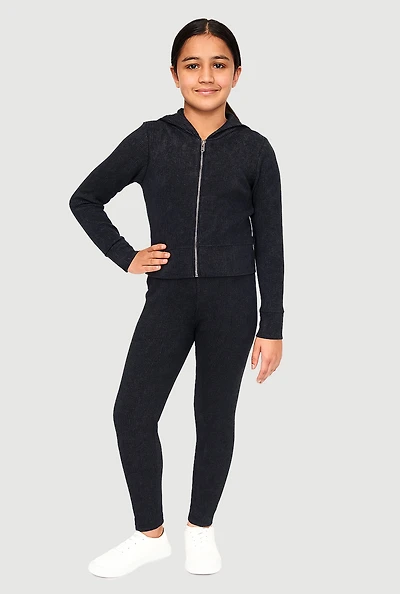 Girls Seamless Rib Knit Mineral Wash Zip Front Hoodie and Leggings