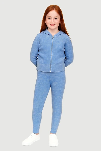 Girls Seamless Rib Knit Mineral Wash Zip Front Hoodie and Leggings, Blue,