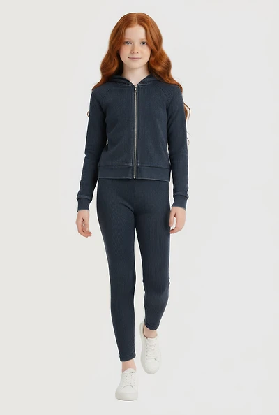 Girls Acid Wash Zip Front Hoodie and Leggings Set,