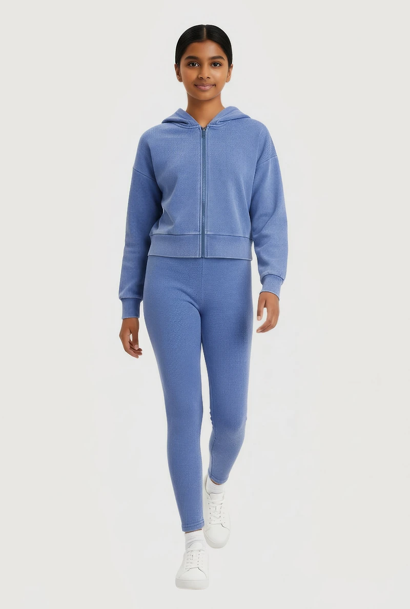 Girls Seamless Rib Knit Acid Wash Hoodie and Leggings