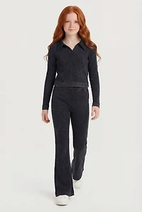 Girls Acid Wash Seamless Ribbed Top and Flare Pants Set