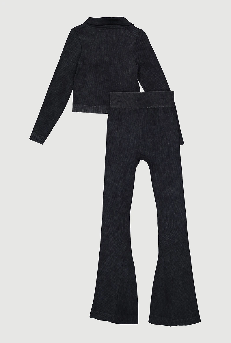 Girls Acid Wash Seamless Ribbed Top and Flare Pants Set