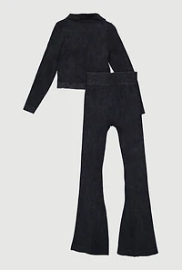 Girls Acid Wash Seamless Ribbed Top and Flare Pants Set