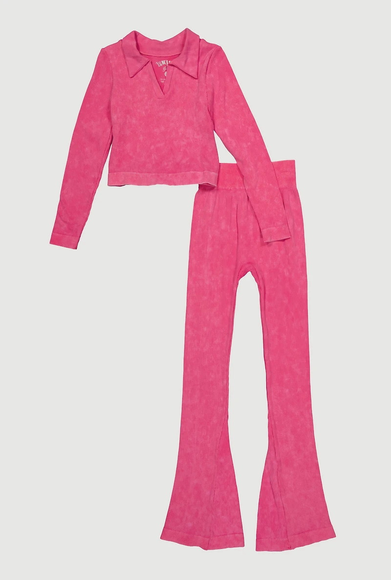 Girls Acid Wash Seamless Ribbed Top and Flare Pants Set