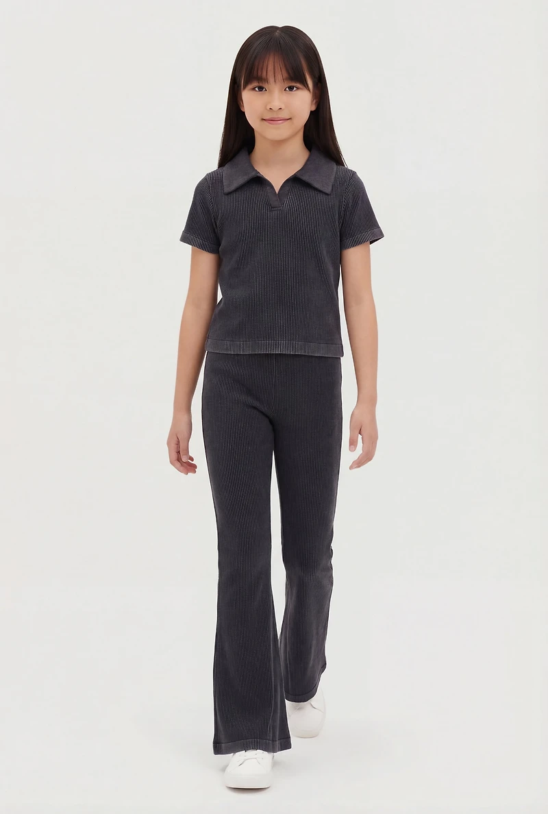 Girls Mineral Wash Ribbed Polo Top and Flare Pants