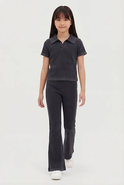 Girls Mineral Wash Ribbed Polo Top and Flare Pants