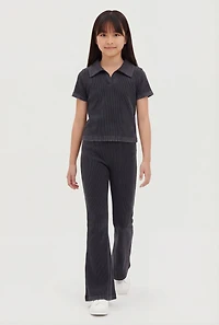 Girls Mineral Wash Ribbed Polo Top and Flare Pants