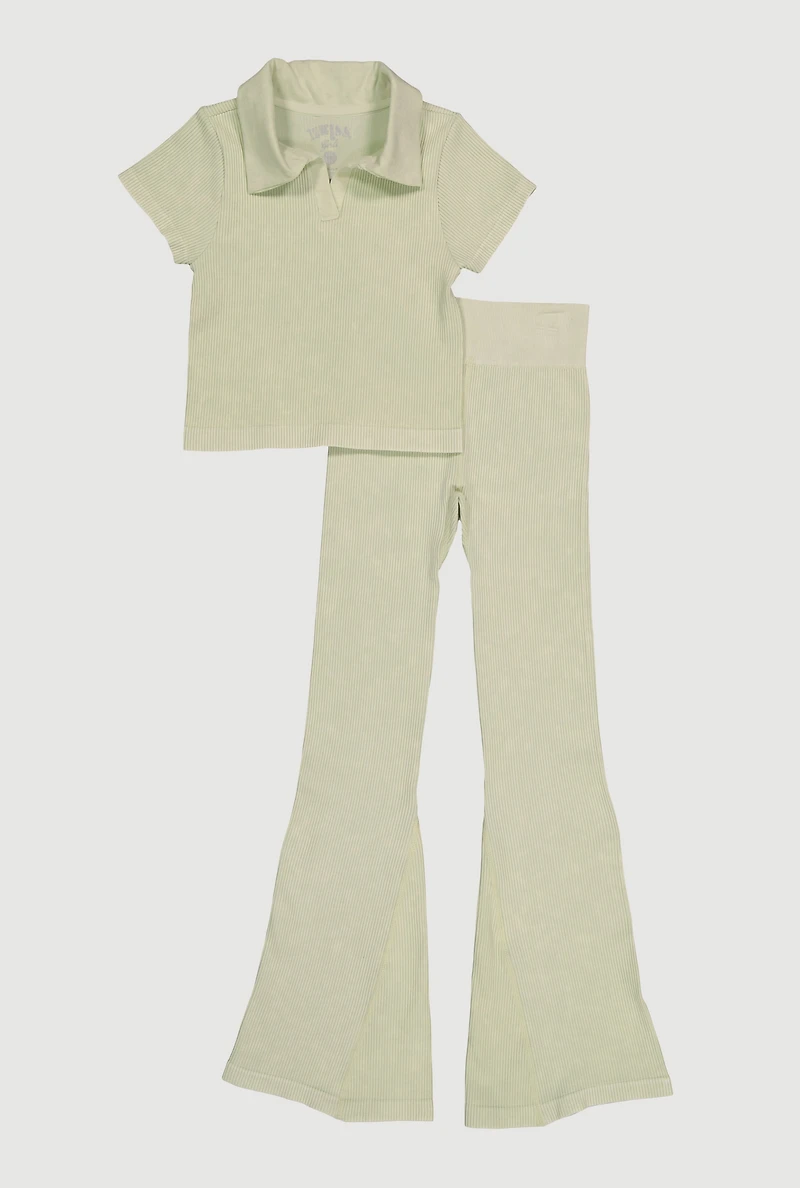 Girls Mineral Wash Ribbed Polo Top and Flare Pants