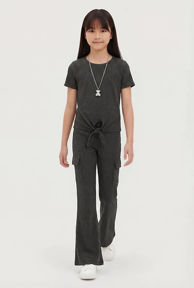Girls Rib Knit Tie Front Tee with Necklace and Flare Pants