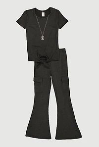 Girls Rib Knit Tie Front Tee with Necklace and Flare Pants