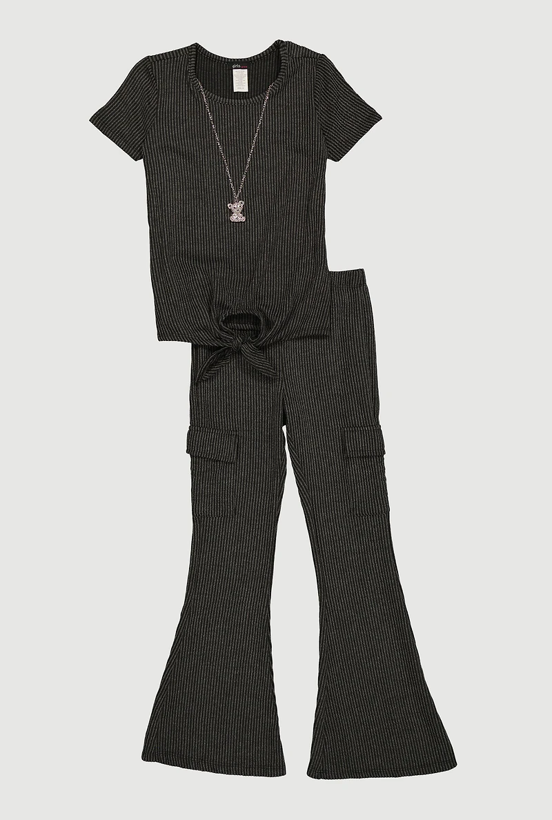 Girls Rib Knit Tie Front Tee with Necklace and Flare Pants
