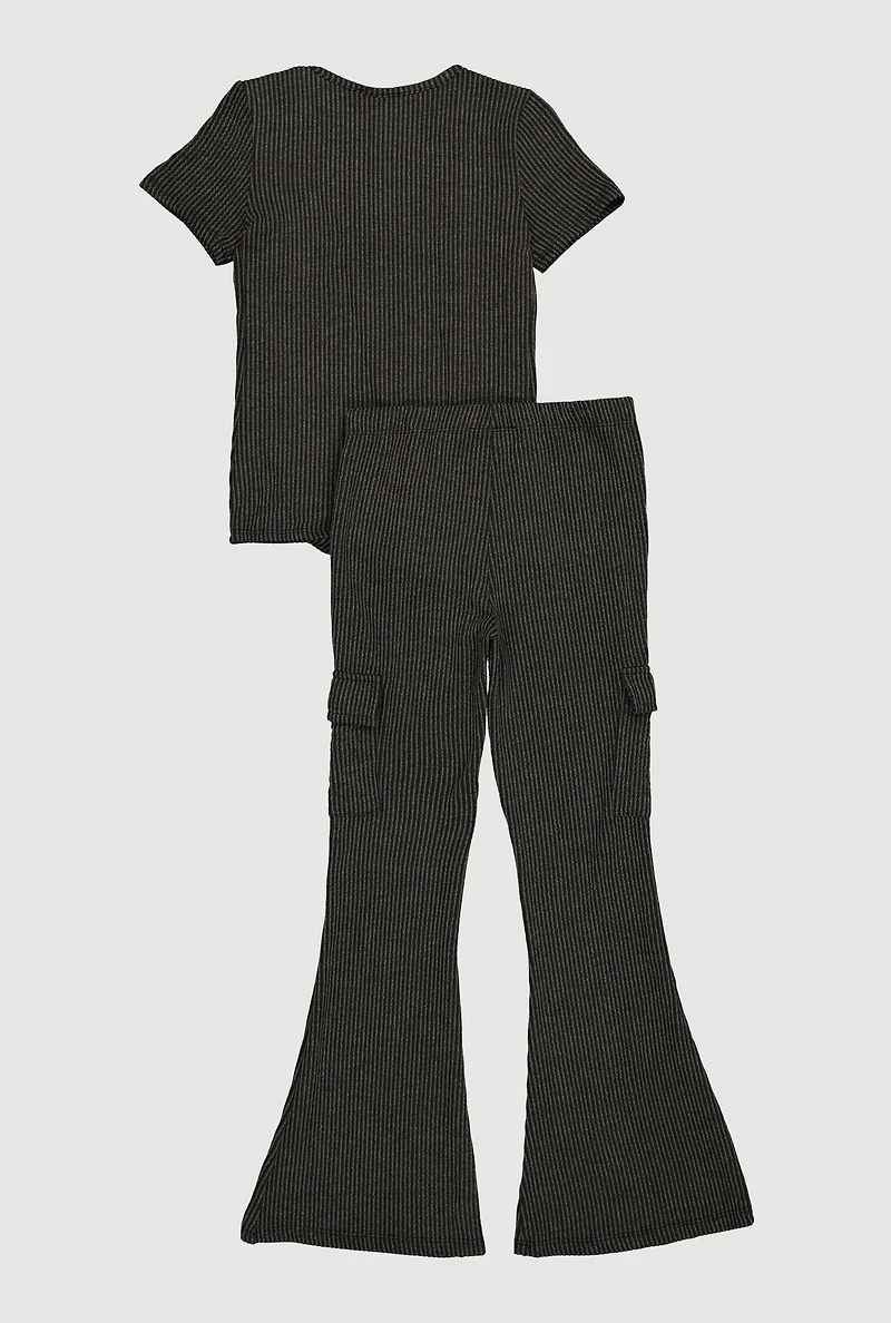 Girls Rib Knit Tie Front Tee with Necklace and Flare Pants