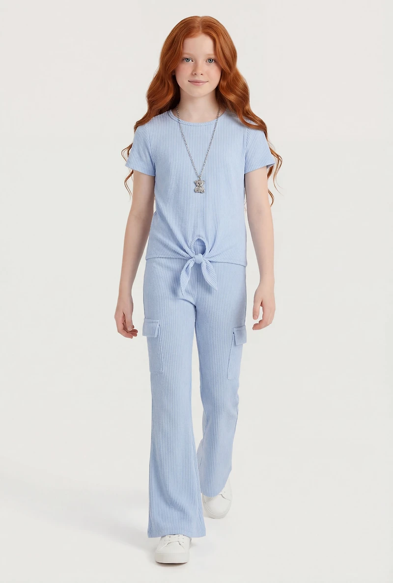 Girls Rib Knit Tie Front Tee with Necklace and Flare Pants