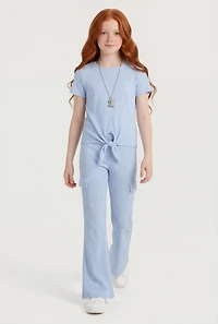 Girls Rib Knit Tie Front Tee with Necklace and Flare Pants