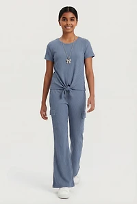 Girls Tie Front Tee with Bow Necklace and Flare Pants