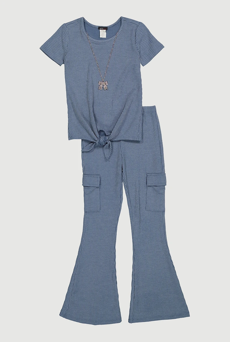 Girls Tie Front Tee with Bow Necklace and Flare Pants
